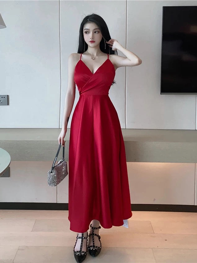Sexy A Line Spaghetti Strap Red With Backless Midi Date Night Outfits Semi Formal Evening Wedding Guest Dresses RB5366