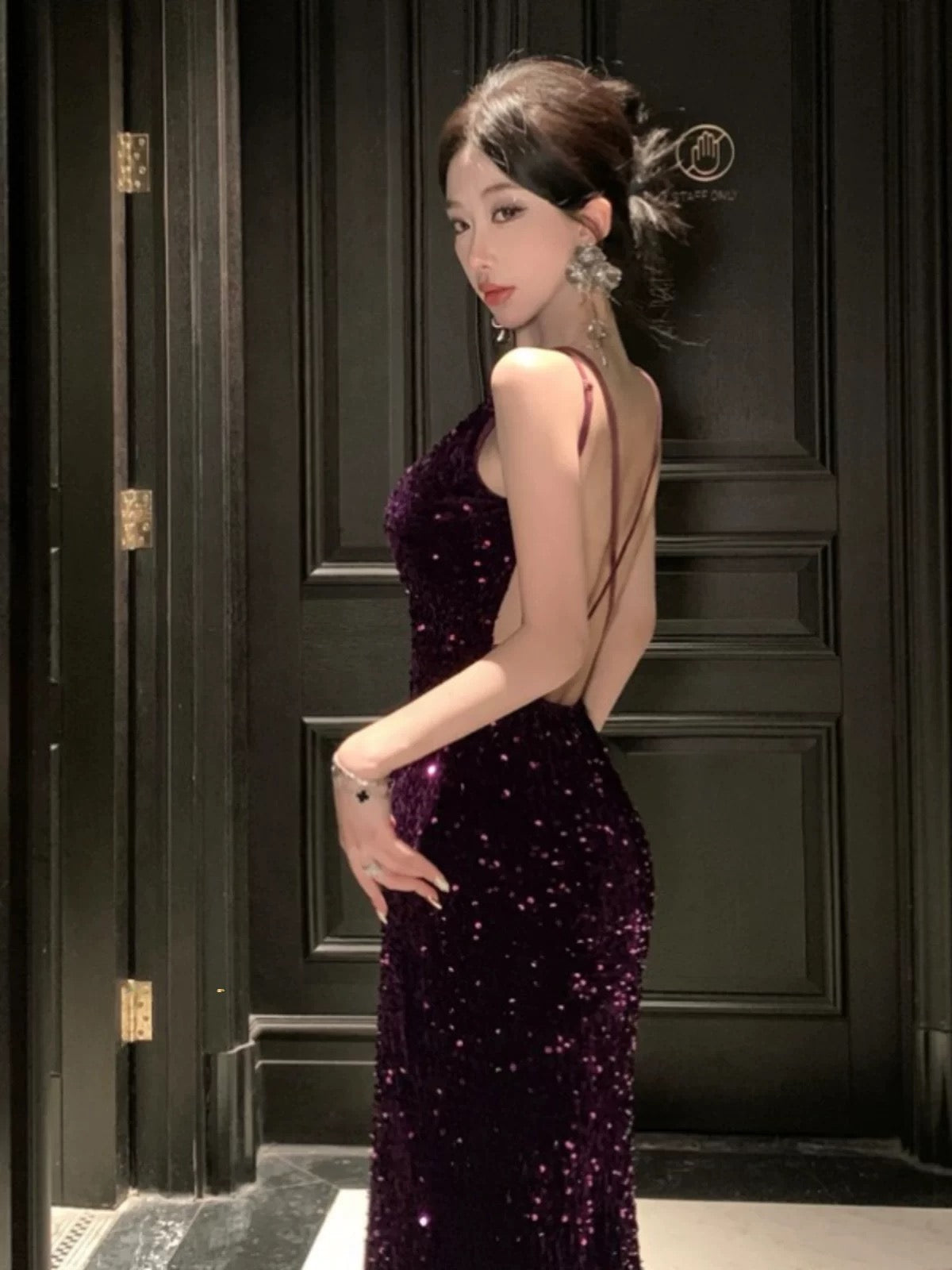 Sexy Mermaid Spaghetti Strap Grape Sequin Date Backless Night Evening Outfit Formal Prom Dresses RB5367