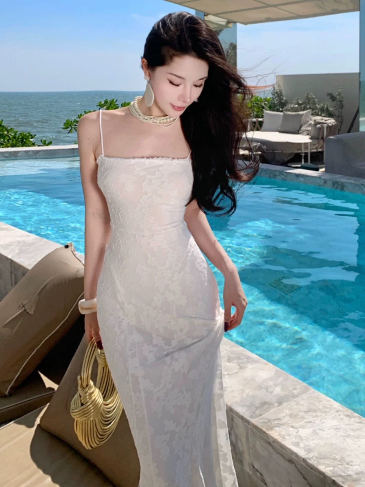 Sexy Mermaid Spaghetti Strap White Backless Lace Date With Ruffled Night Evening Outfit Formal Prom Dresses RB5371