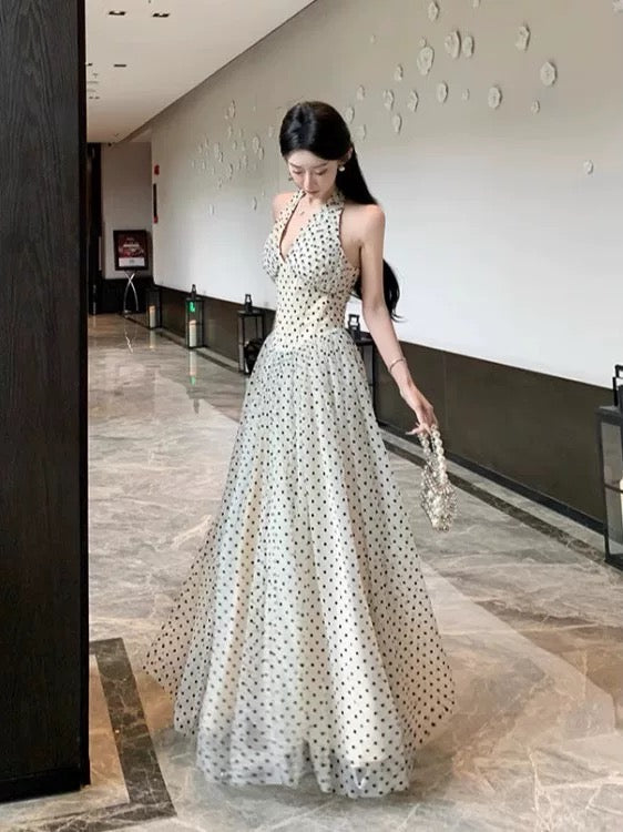 French Style A line Halter Black Polka Dots Chiffon Date With Ruffled Night Evening Outfit Formal Prom Dresses RB5373