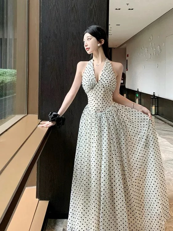French Style A line Halter Black Polka Dots Chiffon Date With Ruffled Night Evening Outfit Formal Prom Dresses RB5373