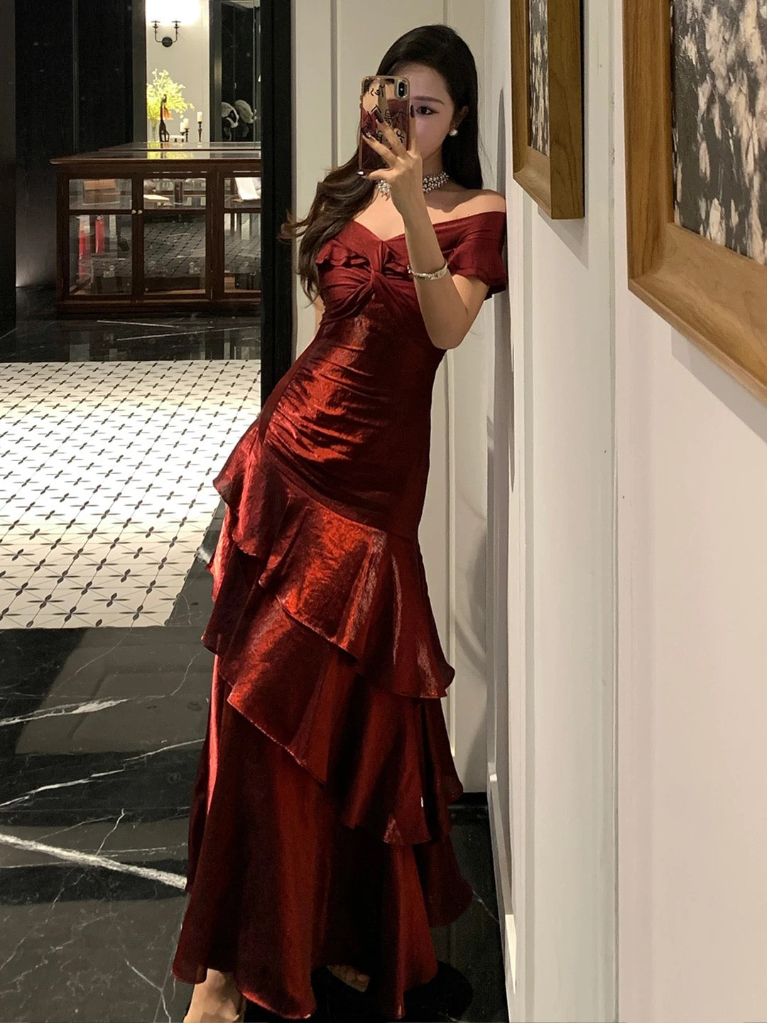 French Style Mermaid Off The Shoulder Burgundy Date With Ruffled Night Evening Outfit Formal Prom Dresses RB5376