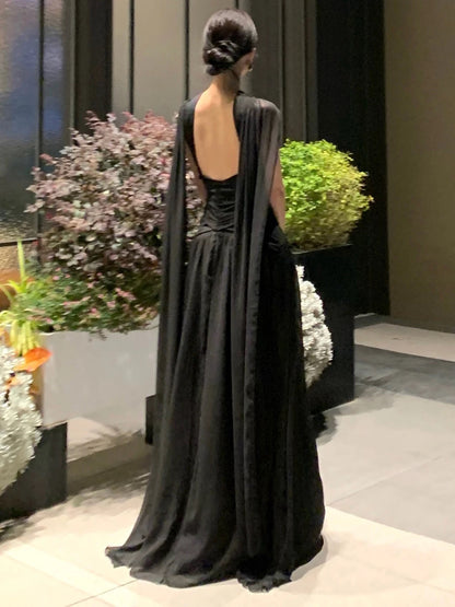 Sexy A line Black Tie Dress With Cape Long Chiffon Date Night Outfits Semi Formal Prom Wedding Guest Dresses RB5378