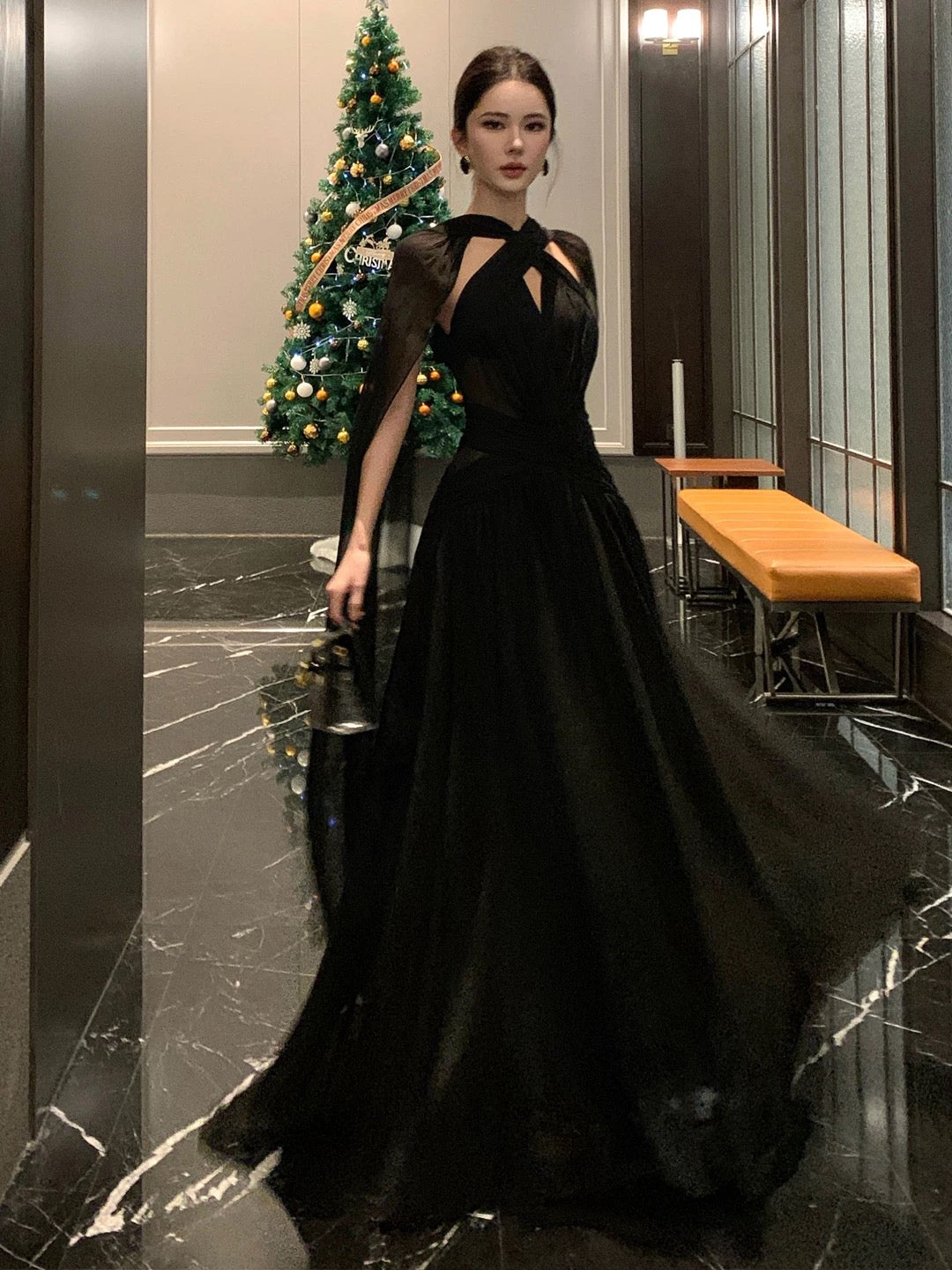 Beautiful A line Chiffon Black Tie Dress With Ruffled Long Date Night 18th Birthday Outfits Formal Prom Dresses RB5709