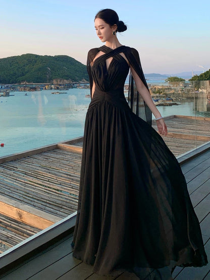 Sexy A line Black Tie Dress With Cape Long Chiffon Date Night Outfits Semi Formal Prom Wedding Guest Dresses RB5378