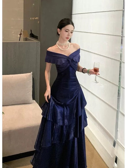 Sexy Mermaid Off The Shoulder Navy Blue With Ruffled Date Night Outfits Long Formal Evening Wedding Guest Dresses RB5379