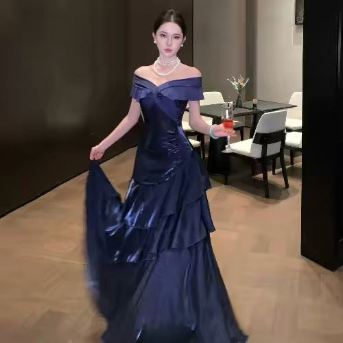Sexy Mermaid Off The Shoulder Navy Blue With Ruffled Date Night Outfits Long Formal Evening Wedding Guest Dresses RB5379