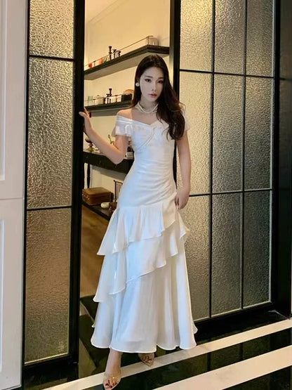 Sexy Mermaid Off The Shoulder Navy Blue With Ruffled Date Night Outfits Long Formal Evening Wedding Guest Dresses RB5379