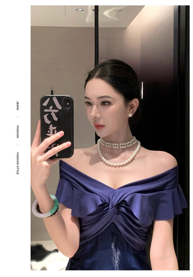 French Style Mermaid Off The Shoulder Navy Blue Date With Ruffled Night Evening Outfit Formal Prom Dresses RB5380