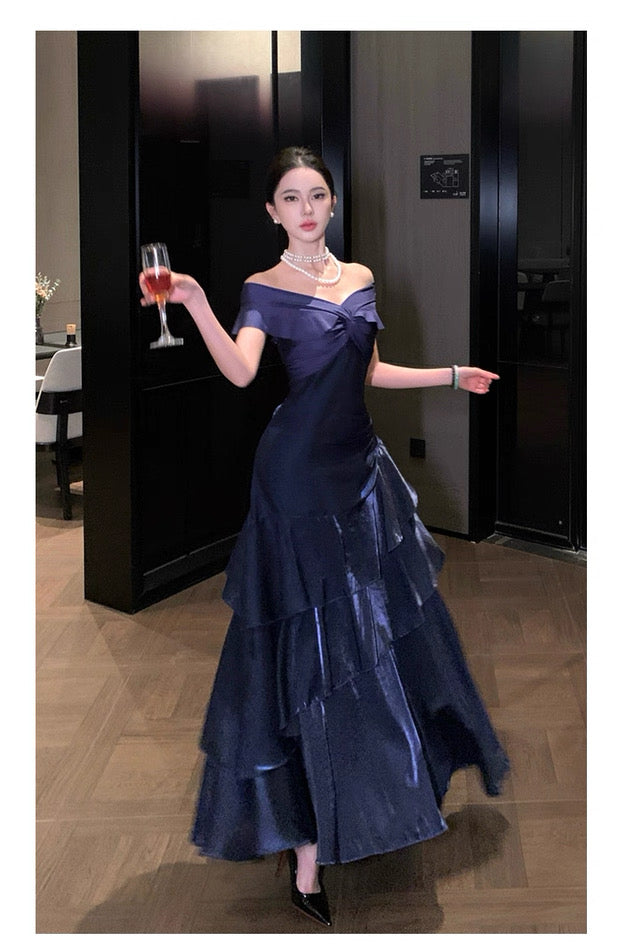 French Style Mermaid Off The Shoulder Navy Blue Date With Ruffled Night Evening Outfit Formal Prom Dresses RB5380