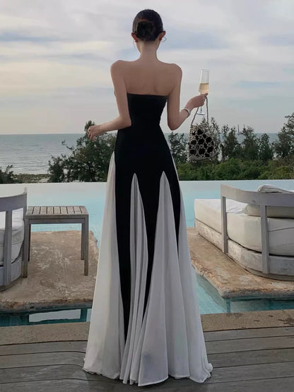 Sexy A line Black Tie Dress Strapless White Long Chiffon Date Night Outfits Semi Formal Prom Wedding Guest Dresses RB5381