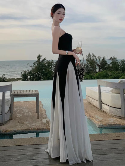 Sexy A line Black Tie Dress Strapless White Long Chiffon Date Night Outfits Semi Formal Prom Wedding Guest Dresses RB5381