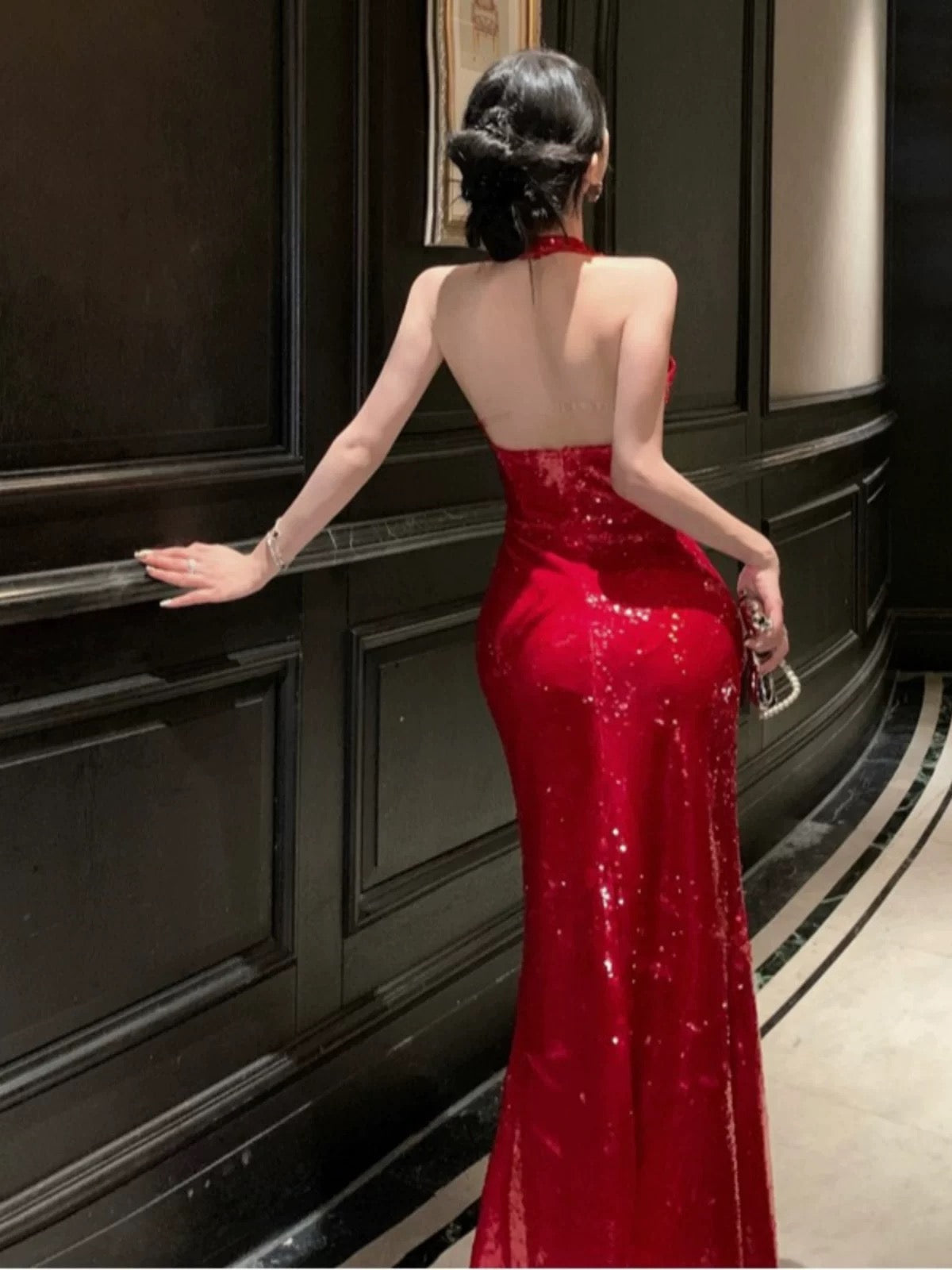 Simple Mermaid Halter Red Sequin Cruise Ship Formal Night Evening Dresses 20th Birthday Outfit RB5593