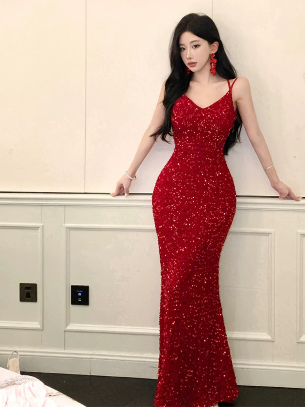 Sparkly Mermaid Spaghetti Strap Red Sequin Cruise Ship Formal Night Evening Dresses 18th Birthday Outfit RB5594