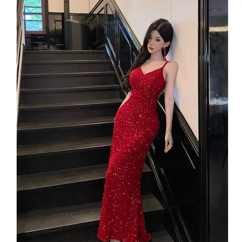 Sparkly Mermaid Spaghetti Strap Red Sequin Cruise Ship Formal Night Evening Dresses 18th Birthday Outfit RB5594