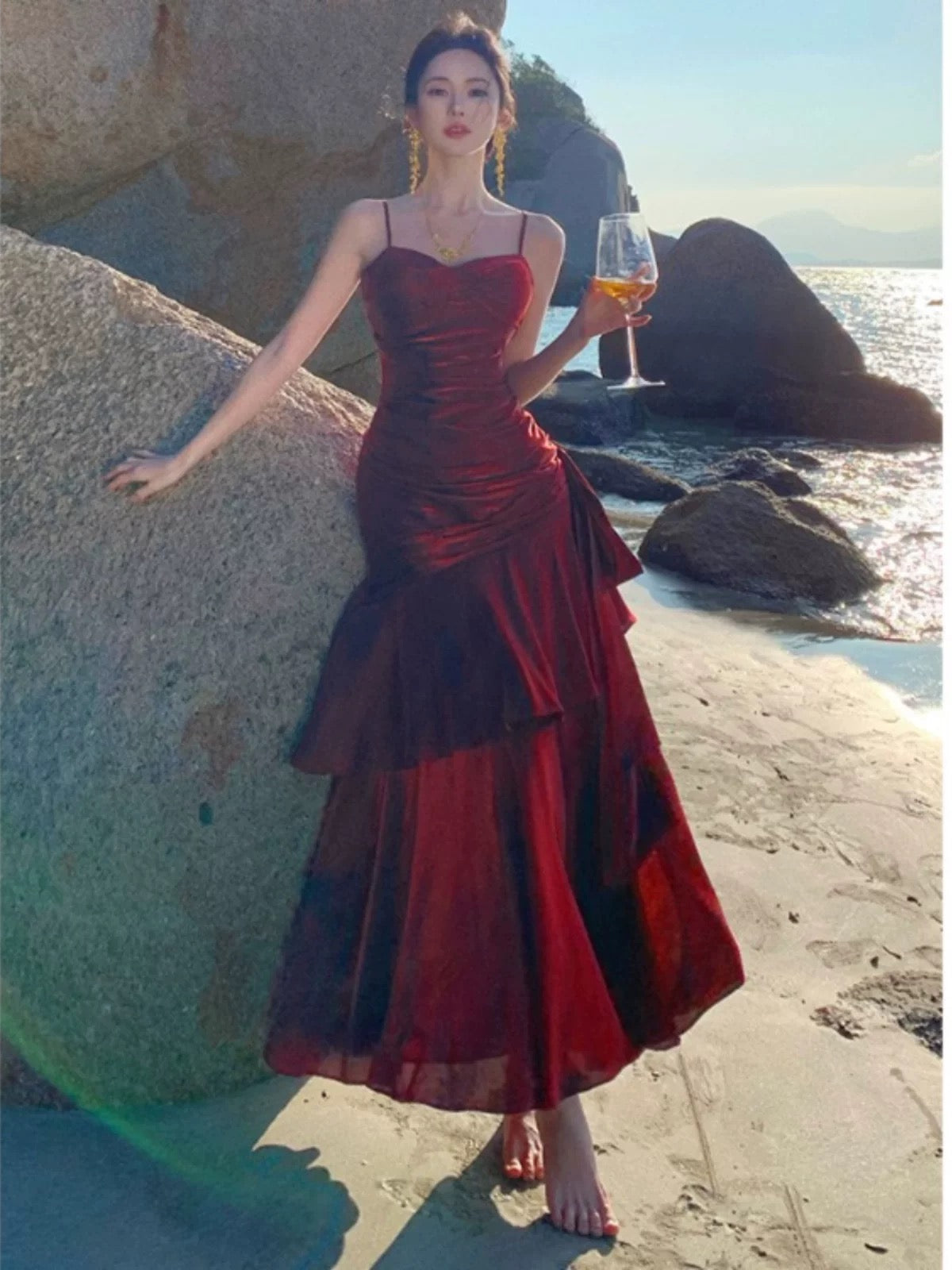 Modest Mermaid Spaghetti Strap Burgundy Wine Red Cruise Ship Formal Night Evening Dresses 22th Long Birthday Outfits RB5595