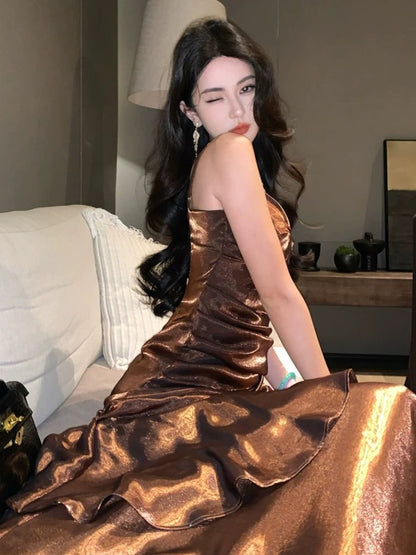 Modest Mermaid Spaghetti Strap Brown Long Cruise Ship Formal Night Evening Dresses 22th Birthday Outfits RB5597