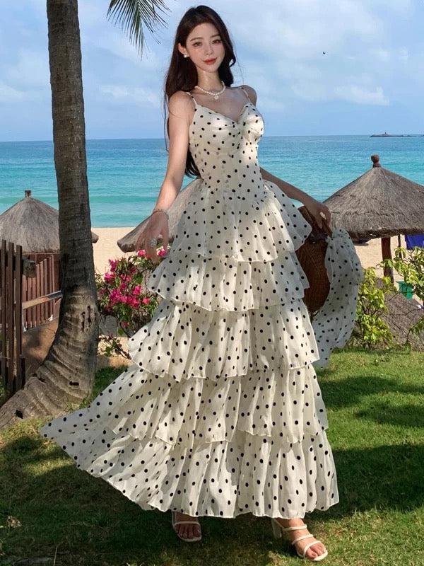Modest A line Spaghetti Strap Black Polka Dots Long Cruise Ship Formal Night Evening Dresses 18th Birthday Outfits RB5600