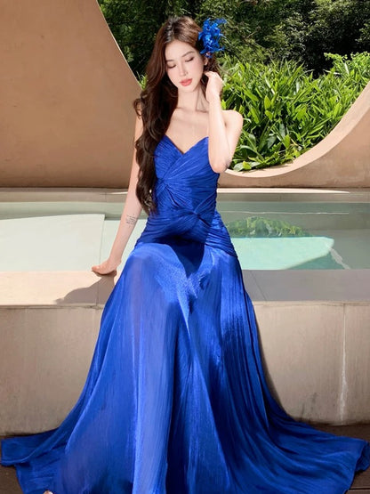 Mermaid Spaghetti Strap Royal Blue Ankle Length 21st Birthday Elegant Outfit Summer Wedding Guest Dresses N4028