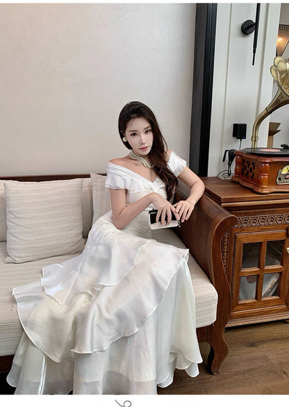 Modest Mermaid Off The Shoulder White With Ruffled Chiffon Long Cruise Ship Formal Night Evening Dresses 18th Birthday Outfits RB5604