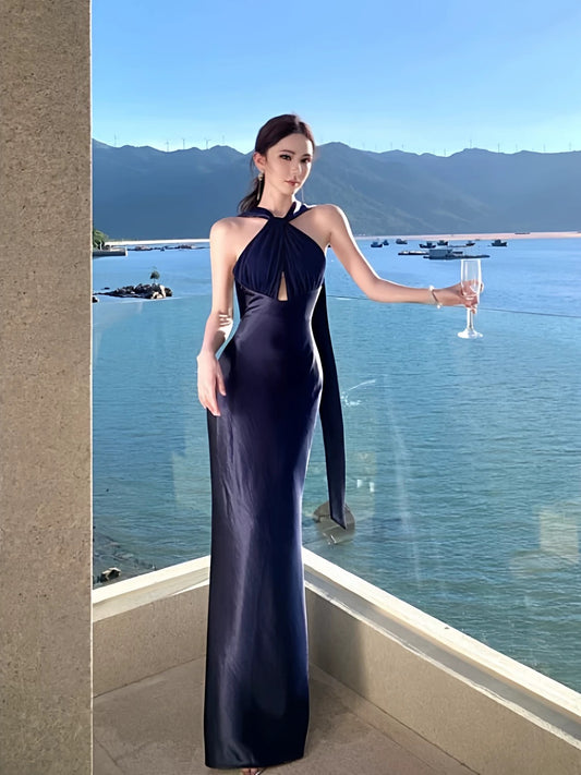 Modest Mermaid Halter Navy Blue Satin Long Date Night Outfits Semi Formal Prom Wedding Guest Dresses RB5382