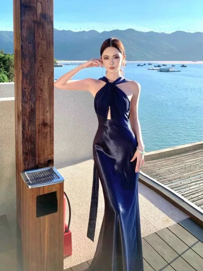 Modest Mermaid Halter Navy Blue Satin Long Date Night Outfits Semi Formal Prom Wedding Guest Dresses RB5382