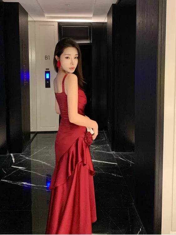 French Style Mermaid Straps Burgundy Date With Ruffled Night Evening Outfit Formal Prom Dresses RB5383