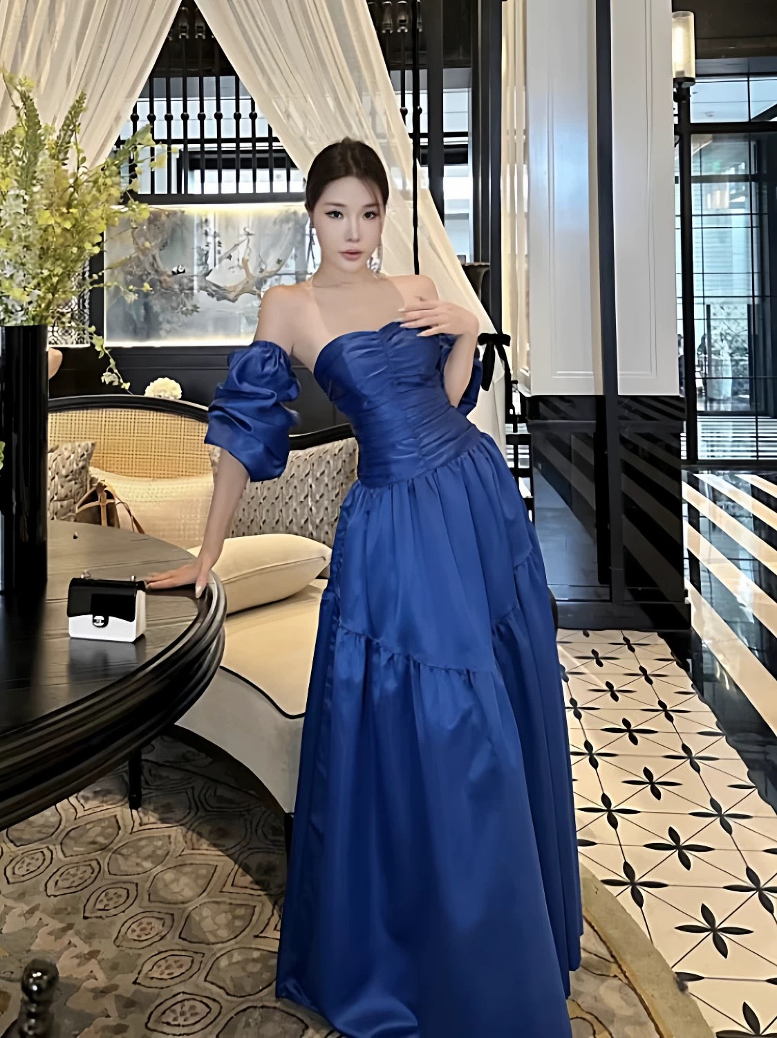 Modest A line Sweetheart Royal Blue Satin Long Date Night Outfits Semi Formal Prom Wedding Guest Dresses RB5383