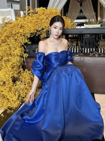 Modest A line Sweetheart Royal Blue Satin Long Date Night Outfits Semi Formal Prom Wedding Guest Dresses RB5383