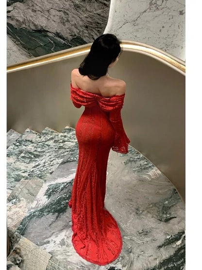 Sexy Mermaid Off The Shoulder Red Lace With Sleeves Date Night Outfits Long Formal Evening Wedding Guest Dresses RB5384