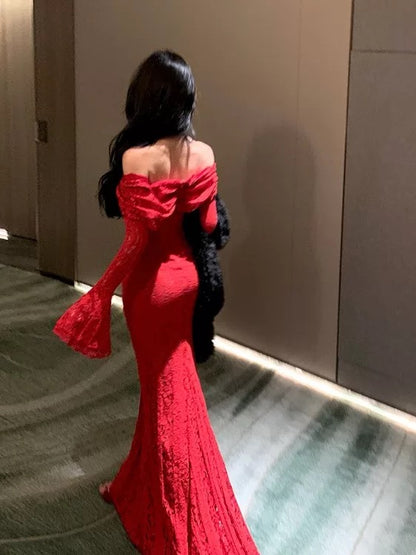 Sexy Mermaid Off The Shoulder Red Lace With Sleeves Date Night Outfits Long Formal Evening Wedding Guest Dresses RB5384