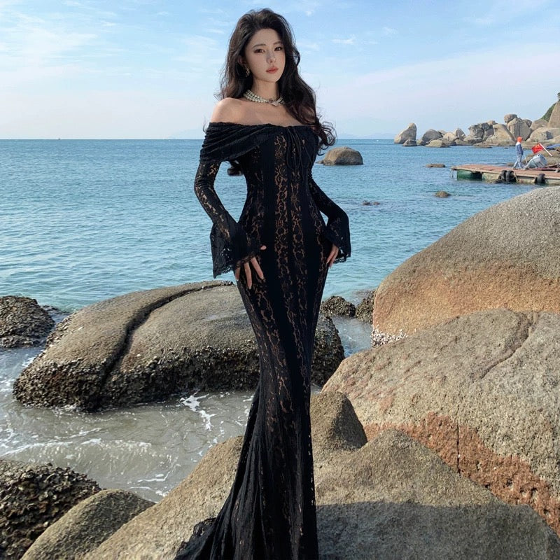 Mermaid Off The Shoulder Burgundy Lace Long Sleeves Prom Dress 21st Birthday Elegant Outfit Summer Wedding Guest Dresses N4072