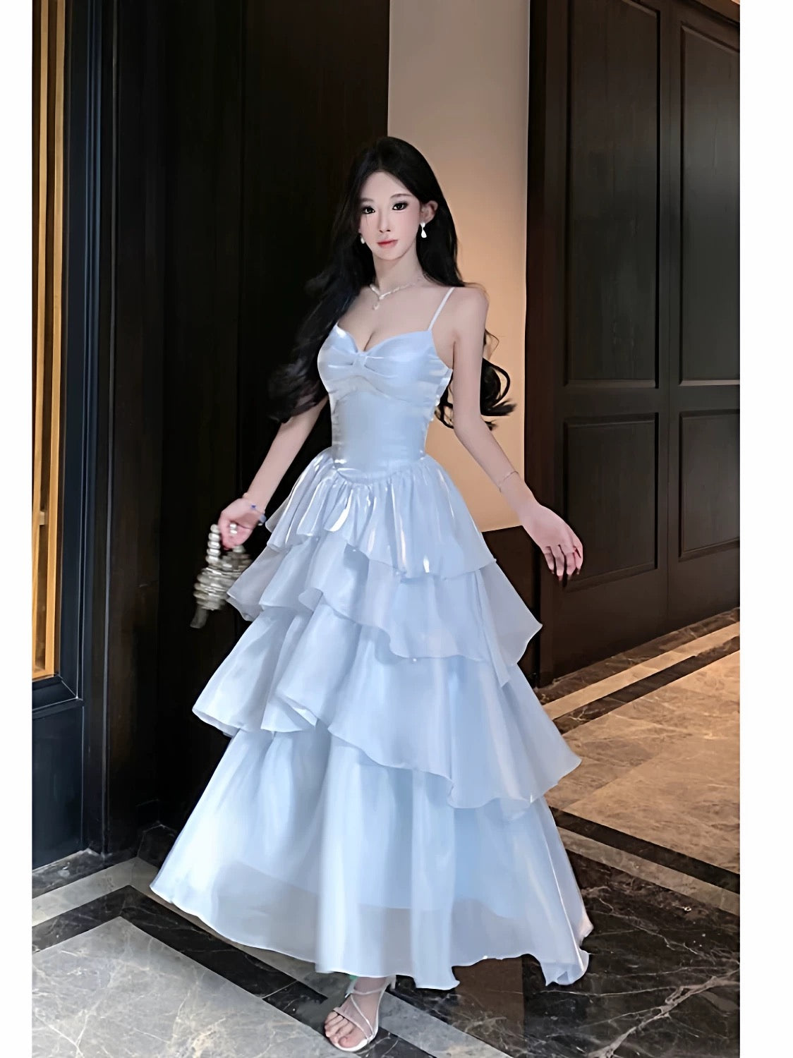 French Style A line Spaghetti Straps Light Sky Blue Date With Ruffled Night Evening Outfit Formal Prom Dresses RB5387
