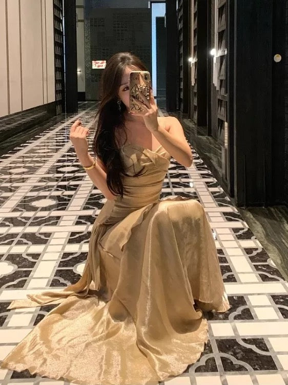 Sexy Mermaid Spaghetti Strap Gold With Ruffled Date Night Outfits Long Formal Evening Wedding Guest Dresses RB5389