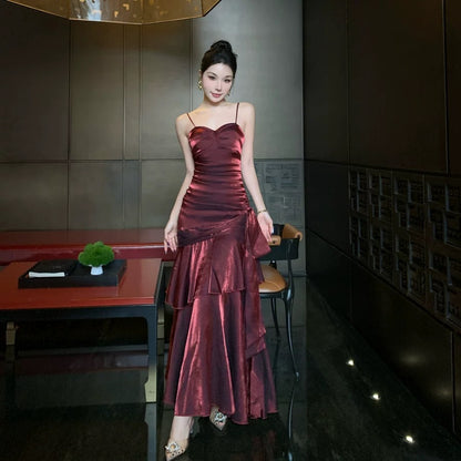 Sexy Mermaid Spaghetti Strap Gold With Ruffled Date Night Outfits Long Formal Evening Wedding Guest Dresses RB5389