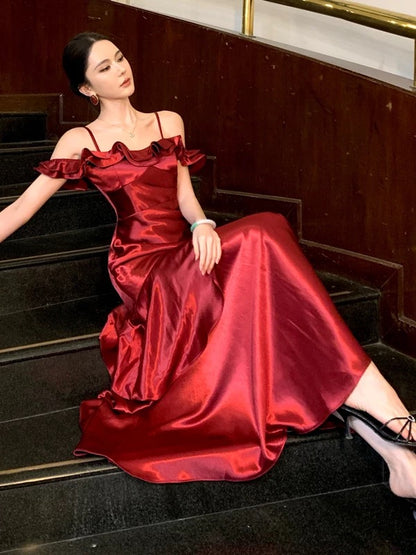 French Style Mermaid Spaghetti Straps Red Date With Ruffled Night Evening Outfit Formal Prom Dresses RB5388