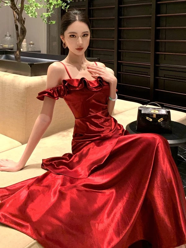 Classy Mermaid Spaghetti Strap Burgundy Prom Spring Summer Beach Formal Wedding Bridal Guest Dresses N3951
