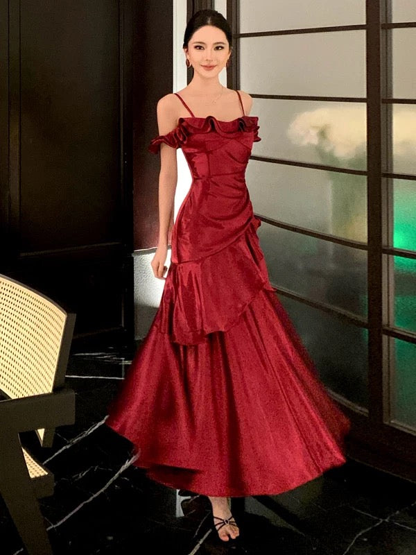 Classy Mermaid Spaghetti Strap Burgundy Prom Spring Summer Beach Formal Wedding Bridal Guest Dresses N3951