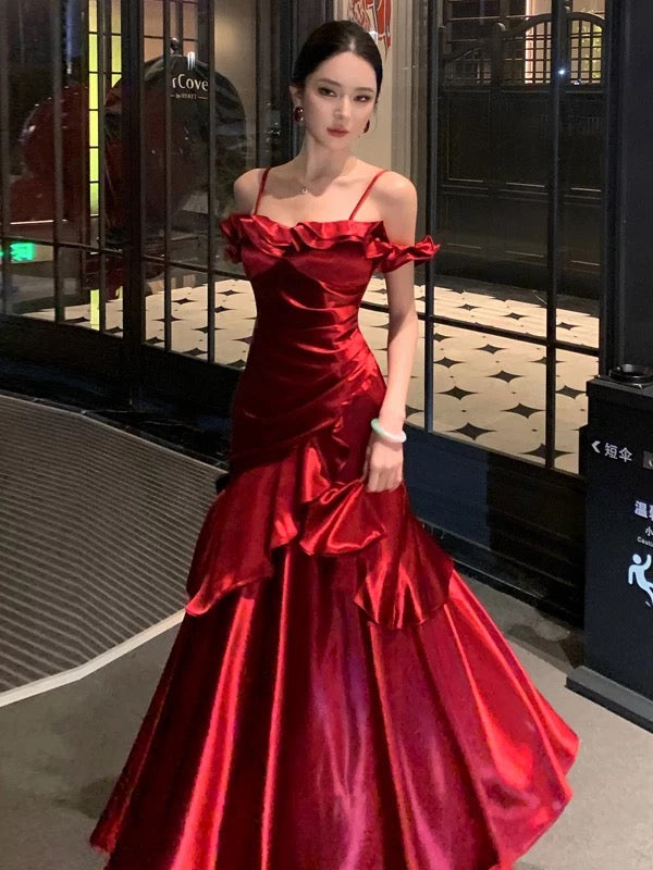 French Style Mermaid Spaghetti Straps Red Date With Ruffled Night Evening Outfit Formal Prom Dresses RB5388