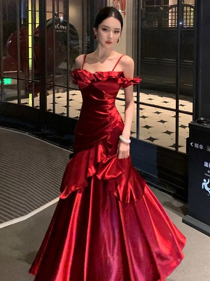 French Style Mermaid Spaghetti Straps Red Date With Ruffled Night Evening Outfit Formal Prom Dresses RB5388