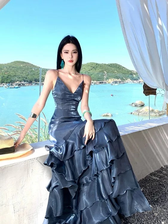 Modest Mermaid Spaghetti Strap Navy Blue Ruffled With Slit Long Birthday Outfits Backless Formal Prom Wedding Guest Dresses RB5390