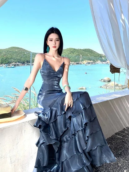 Modest Mermaid Spaghetti Strap Navy Blue Ruffled With Slit Long Birthday Outfits Backless Formal Prom Wedding Guest Dresses RB5390