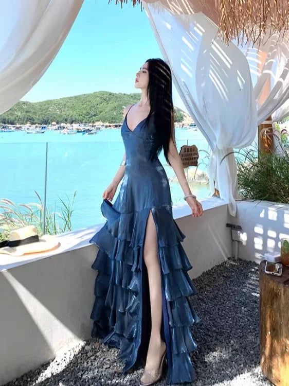 Modest Mermaid Spaghetti Strap Navy Blue Ruffled With Slit Long Birthday Outfits Backless Formal Prom Wedding Guest Dresses RB5390
