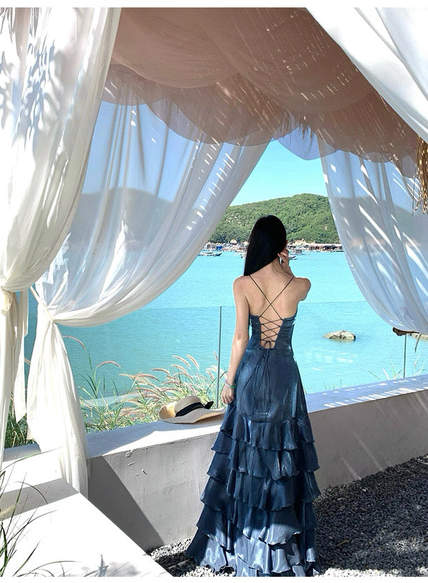 Simple Mermaid Spaghetti Strap Navy Blue Ruffled With Slit Long Birthday Outfits Backless Formal Gown Wedding Guest Dresses RB5391