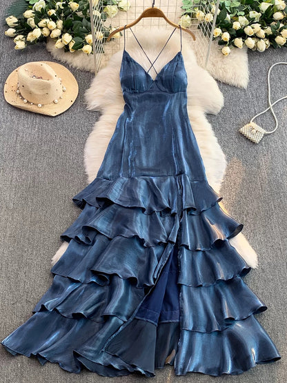 Simple Mermaid Spaghetti Strap Navy Blue Ruffled With Slit Long Birthday Outfits Backless Formal Gown Wedding Guest Dresses RB5391