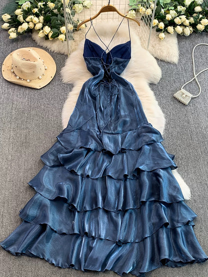 Simple Mermaid Spaghetti Strap Navy Blue Ruffled With Slit Long Birthday Outfits Backless Formal Gown Wedding Guest Dresses RB5391