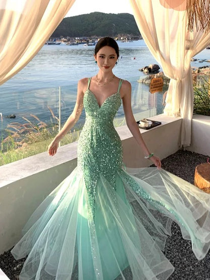 Sexy Mermaid Spaghetti Strap Mint Green Sequin With Ruffled Long Birthday Outfits Backless Formal Gown Wedding Guest Dresses RB5392