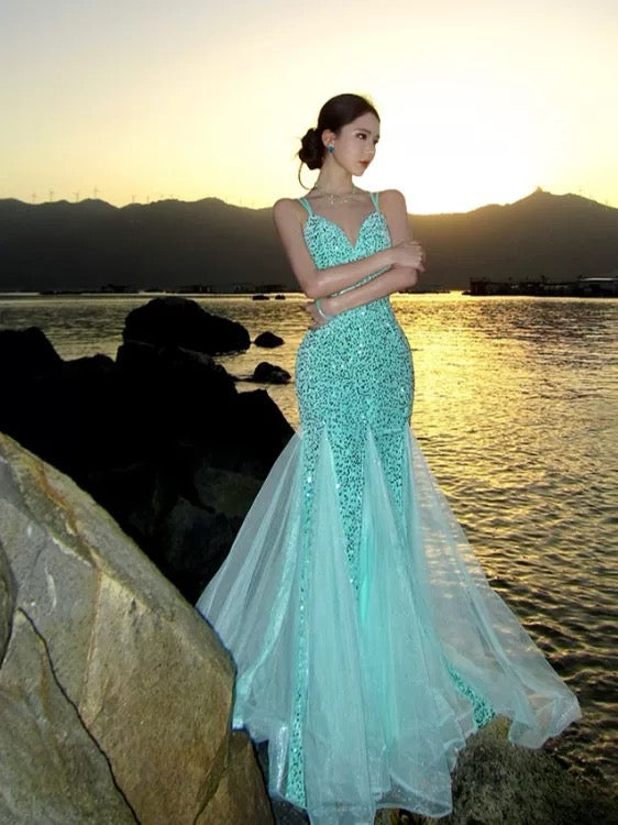 Sexy Mermaid Spaghetti Strap Mint Green Sequin With Ruffled Long Birthday Outfits Backless Formal Gown Wedding Guest Dresses RB5392