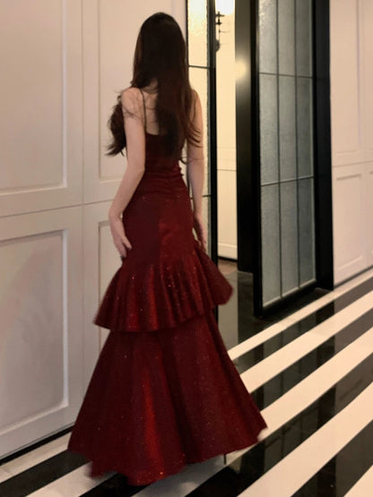 French Style Mermaid Spaghetti Straps Burgundy Date With Ruffled Night Evening Outfit Formal Prom Dresses RB5400