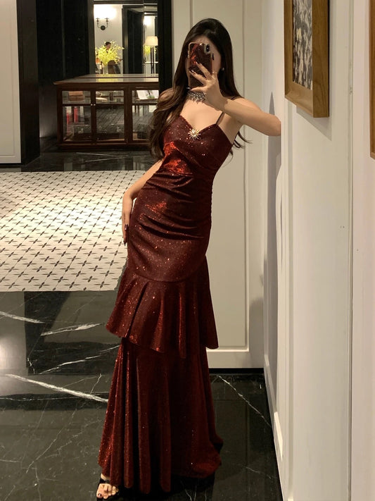 French Style Mermaid Spaghetti Straps Burgundy Date With Ruffled Night Evening Outfit Formal Prom Dresses RB5400